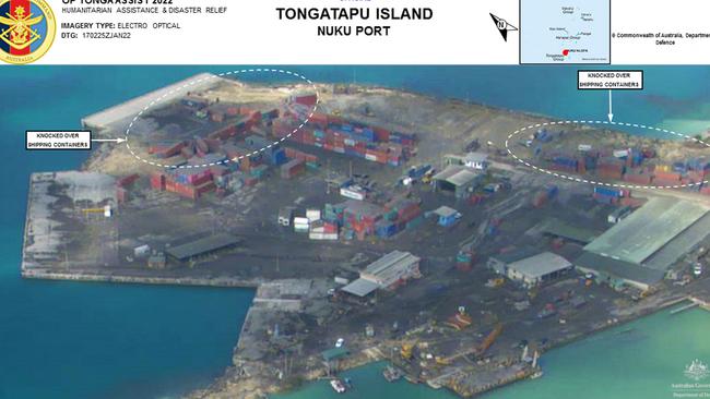 Damage to Nuku Port on the main island of Tongatapu in Tonga following the eruption. Picture: AUSTRALIA DEFENCE FORCE / AFP