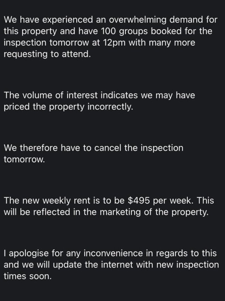 The email, sent by Vine Property Agents, said the property had seen “overwhelming demand”, before announcing its advertised rent would be hiked. Picture: Reddit.