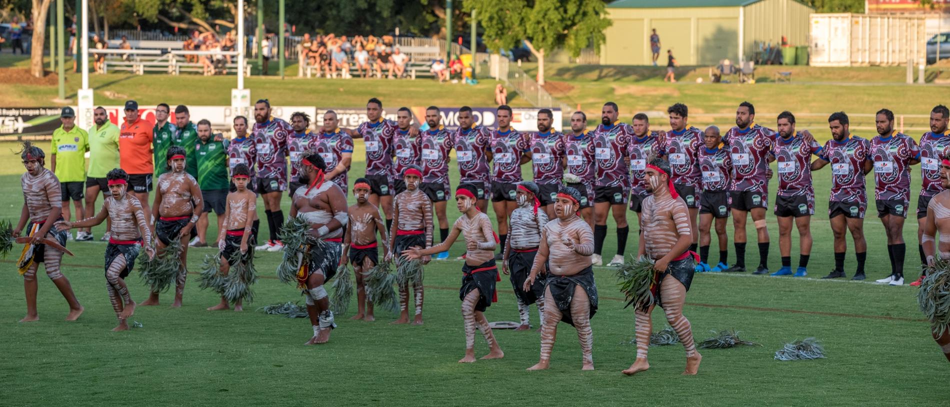 Tribal dancers perform in the opening ceremony of the gala match between the Ipswich All Stars and Ipswich Indigenous All Stars at the North Ipswich Reserve. Picture: Bruce Clayton