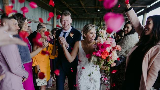 Richmond star Dylan Grimes tied the knot with long-time partner Elisha Rodriguez at Mount Macedon Winery. Picture: Michael Briggs Photography