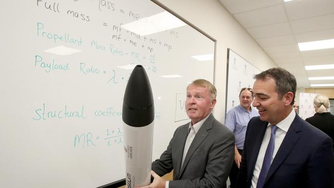 Former astronaut and Adelaide resident Andy Thomas and SA Premier Steven Marshall meeting at Adelaide University about the Australian Space Agency in December. Picture: AAP