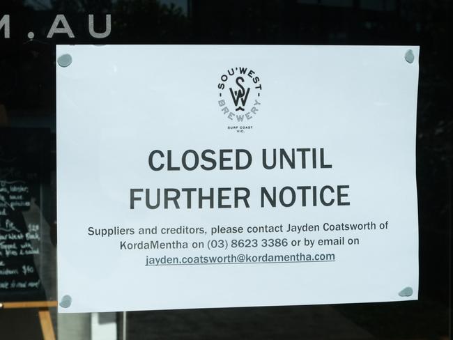 Sou'West Brewery in Torquay sits closed and empty with a sign on the door after the venue was shut because of financial issues.