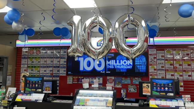 Leanyer Newsagency, a hotspot for winning lottery tickets, dressed up for the $100m Powerball draw earlier this year. Picture: Facebook/Leanyer Newsagency