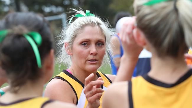 Drysdale player coach Olivia Young in the huddle. BFL: Drysdale v Queenscliff netball. Picture: Alan Barber