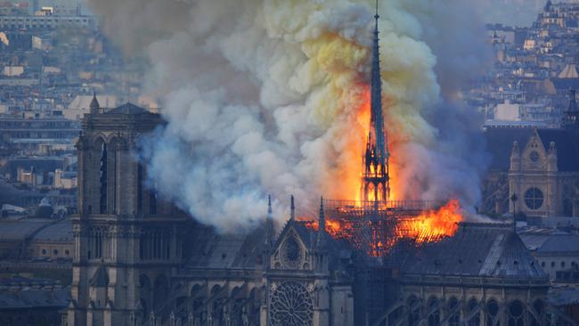 Paris’s Notre Dame Cathedral alight on April 15, 2019. Picture: AFP