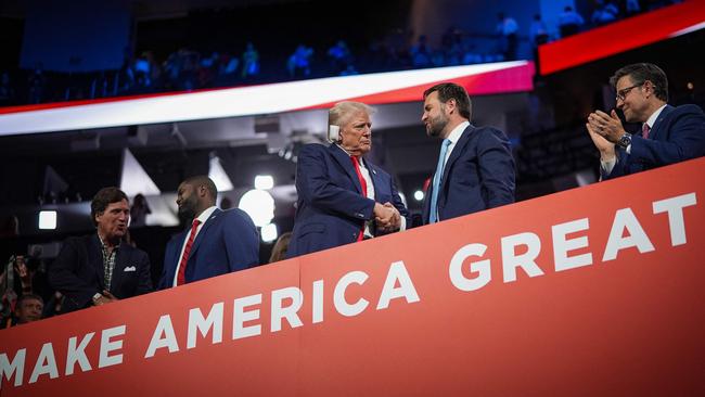 Republican presidential candidate, former president Donald Trump (L) and Republican Vice Presidential candidate, Senator JD Vance on the first day of the Republican National Convention.