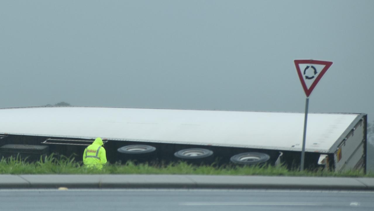 A truck has rolled over at Mackay Ring Rd and Stockroute Rd in Bakers Creek. Picture: Matthew Forrest