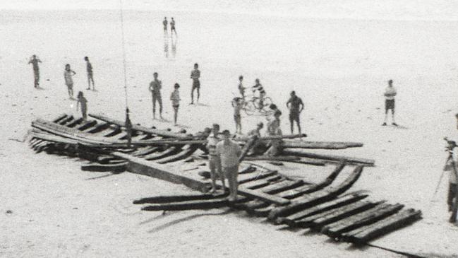 Hull of the ship Coolangatta on beach North Kirra, uncovered by heavy seas February 1974. Photo Bill Stafford.