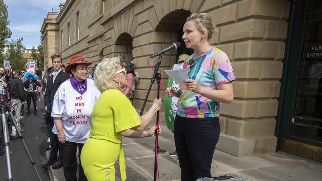 Anti trans activist Kellie-Jay Keen and Hobart City councillor Louise Elliot outside the Tasmanian Parliament as Equality Tasmania and LGBTQI+ supporters counter protest the Let Women Speak rally. Picture: Chris Kidd