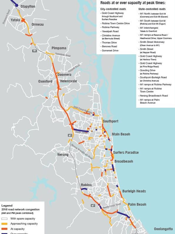 A map showing the location of the most congested roads on the Gold Coast.