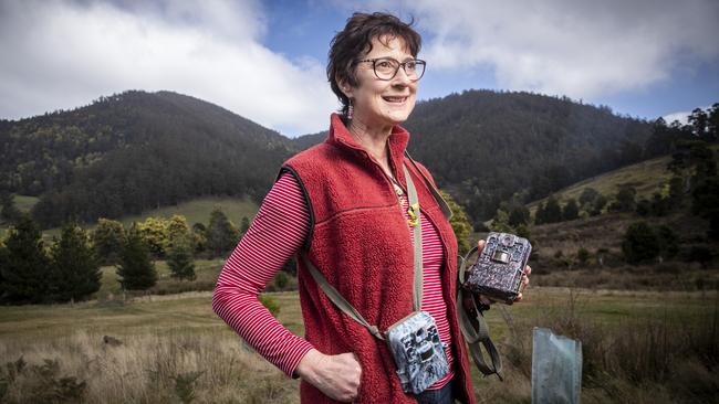 Jenny Cambers-Smith of Crabtree with some trail motion cameras that she uses to capture footage of native wildlife that shares her family's regenerated property at the top of Crabtree. Picture: LUKE BOWDEN