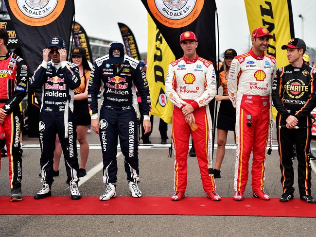 Chaz Mostert, Jamie Whincup, Shane Van Gisbergen, Scott McLaughlin, Fabian Coulthard, David Reynolds and Anton De Pasquale on Grid ahead of Race 18 at the Townsville 400 Supercars 2019. Picture: Alix Sweeney