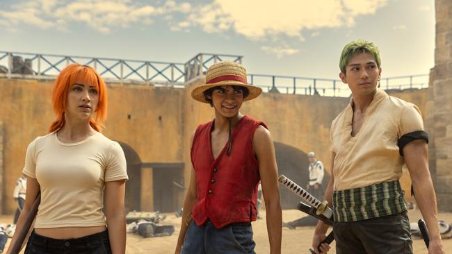 Emily Rudd as Nami, Iñaki Godoy as Monkey D. Luffy, Mackenyu Arata as Roronoa Zoro in season 1 of One Piece. Credit: Casey Crafford/Netflix