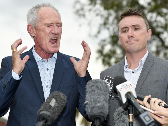 One Nation party officials Steve Dickson and James Ashby field questions during a press conference in Brisbane.