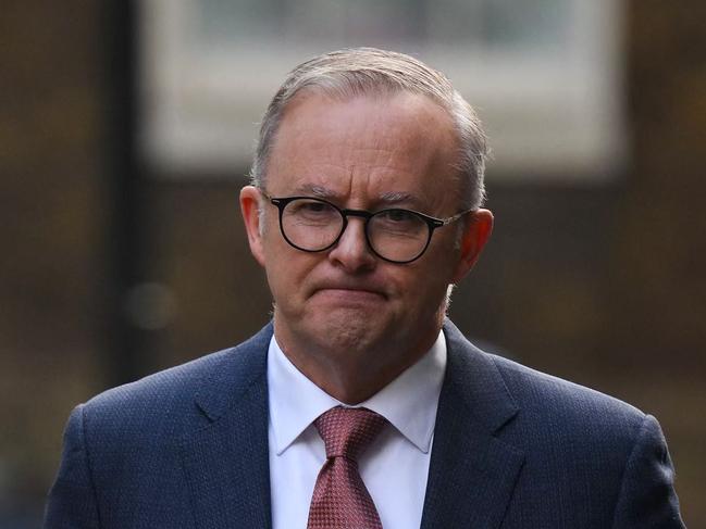 Australia's Prime Minister Anthony Albanese reacts as he arrives at Number 10 Downing Street in London, on May 5, 2023 for a meeting with Britain's Prime Minister. (Photo by Daniel LEAL / AFP)