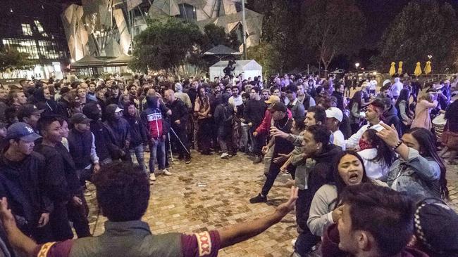 A gang of youths face off in Federation Square. Picture: Jason Edwards