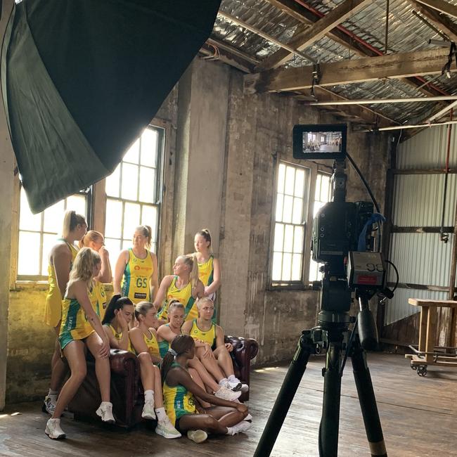 Diamonds netball team happily posing in their Hancock Prospecting branded uniforms. Picture: Twitter,