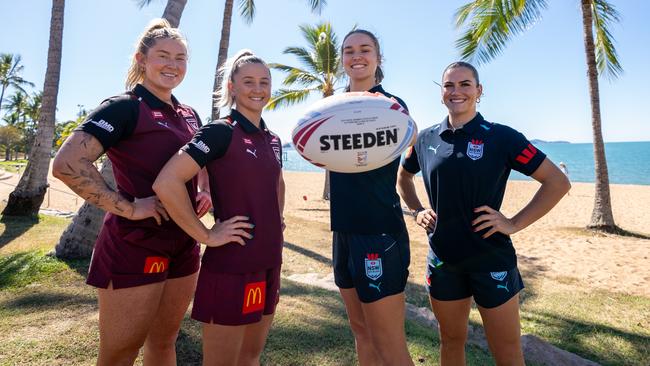 Women's State of Origin representatives in Townsville to promote game 3 on June 27. Makenzie Weale (QLD), Emma Manzelmann (QLD), Kirra Dibb (Cowboys) and Jakiya Whitfeld (NSW). Picture: Townsville City Council.