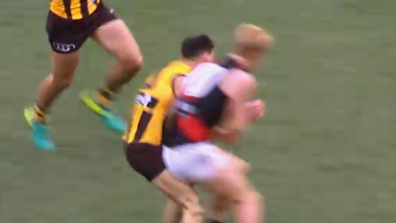 Essendon defender Aaron Francis has been fined for his bump on Hawk Jaeger O'Meara.