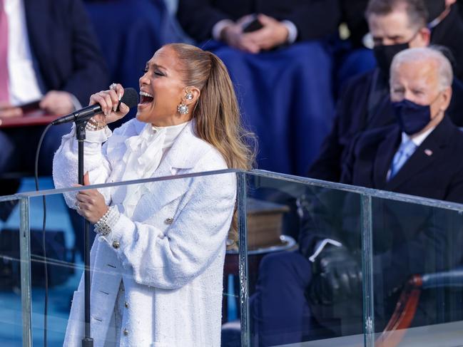 Jennifer Lopez sings during the inauguration of Joe Biden on the West Front of the US Capitol. Picture: Getty Images