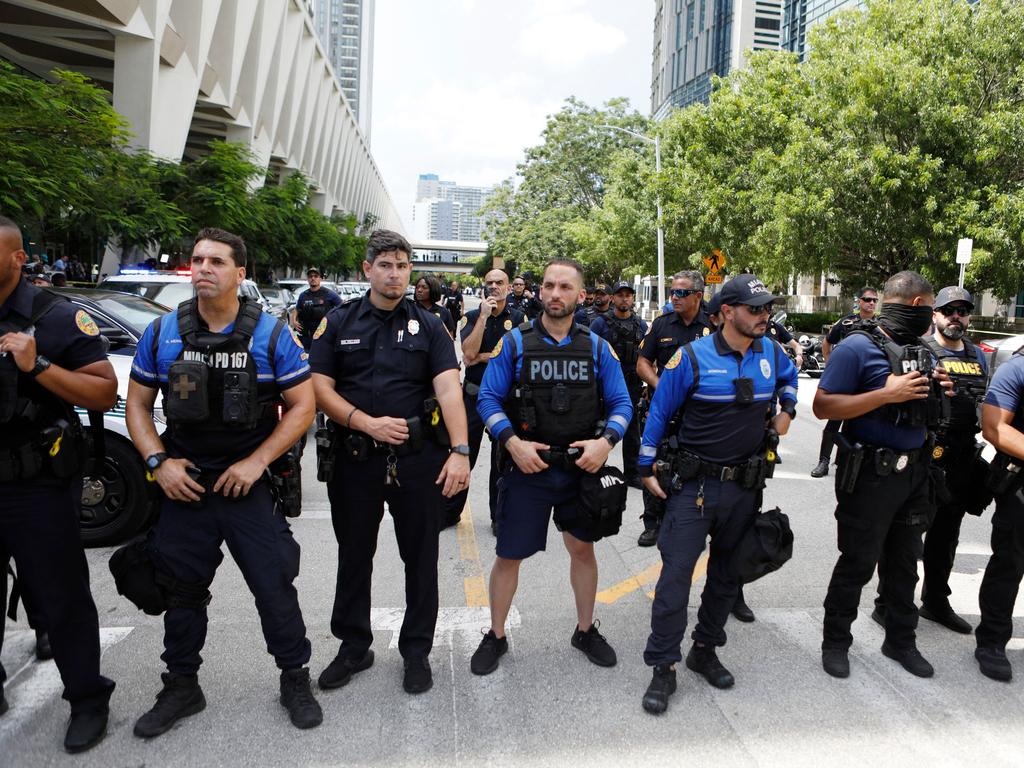 Miami Police closed off the streets after a protesters tried to block Trump's motorcade as it departed the court. Picture: Getty Images North America/Getty Images/AFP