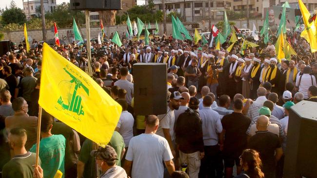 Muslim clerics protest in Sidon after the the killing of Hamas's leader and Hezbollah's senior commander. Ismail Haniyeh was killed in Tehran on July 31, hours after Israel struck a southern suburb of Beirut, killing Fuad Shukr, the military commander of Lebanese Hamas ally Hezbollah. Picture: Mahmoud Zayyat / AFP