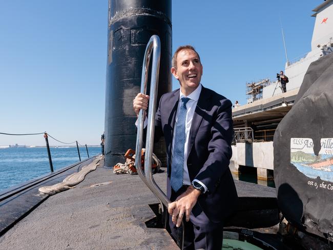 , Treasurer Jim Chalmers, greets crew members of the USS Asheville, a Los Angeles-class nuclear powered fast attack submarine, during a visit to HMAS Stirling, Western Australia on Tuesday, March 14, 2023. Picture: NCA NewsWire / pool / Richard Wainwright