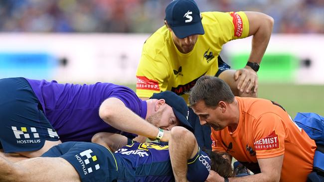 BRISBANE, AUSTRALIA - MAY 16: Ryan Papenhuyzen of the Storm is seen on the ground after being knocked out during the round 10 NRL match between the Melbourne Storm and the St George Illawarra Dragons at Suncorp Stadium, on May 16, 2021, in Brisbane, Australia. (Photo by Bradley Kanaris/Getty Images)