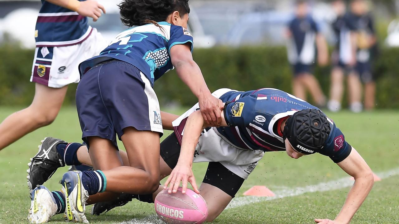 RUGBY LEAGUE: Justin Hodges and Chris Flannery 9s Gala Day. Mountain Creek State High (white shorts) V Morayfield State High, year 10. Creek's Miller Toms goes over for a try. Picture: Patrick Woods.