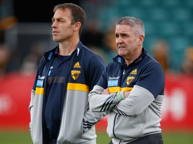 LAUNCESTON, AUSTRALIA - AUGUST 29: Alastair Clarkson, Senior Coach of the Hawks looks on with Chris Fagan, General Manager Football Operations during the 2015 AFL round 22 match between the Hawthorn Hawks and the Brisbane Lions at Aurora Stadium, Launceston, Australia on August 29, 2015. (Photo by Adam Trafford/AFL Media/Getty Images)