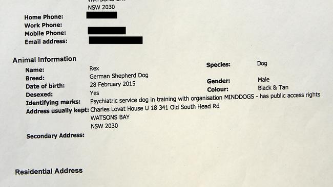 Rex’s certificate of registration from mindDog which confirmed Rex is a trainee psychiatric assistance dog.