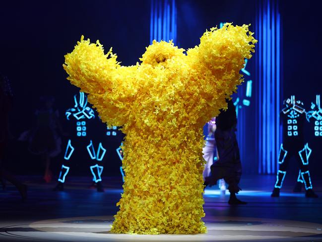 ‘Hope’ by Oliver Cain from New Zealand makes a bold and cheerful appearance in the Open Section of the production. Picture: Hagen Hopkins/Getty Images for World of WearableArt