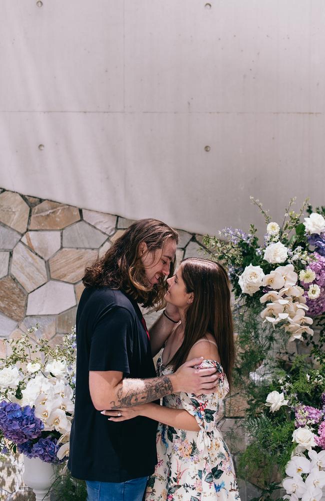 After having his timeframe cut from six months to weeks, Kienan Moore wasted no time organising the proposal of Olivia Hinz's dreams. Photo: Brendan Allen.