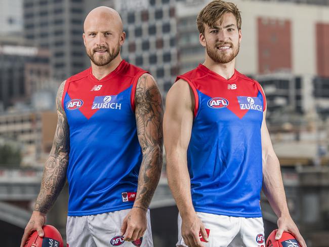 Nathan Jones and Jack Viney reveal Melbourne’s new clash jumper for 2018. Picture: Jason Edwards