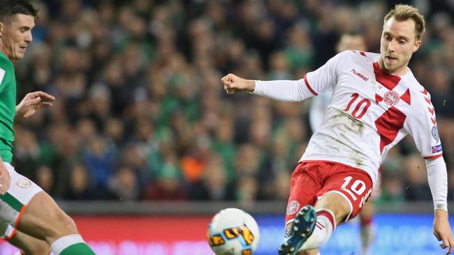 Danish superstar Christian Eriksen scores against Ireland in the second leg of their World Cup playoff.