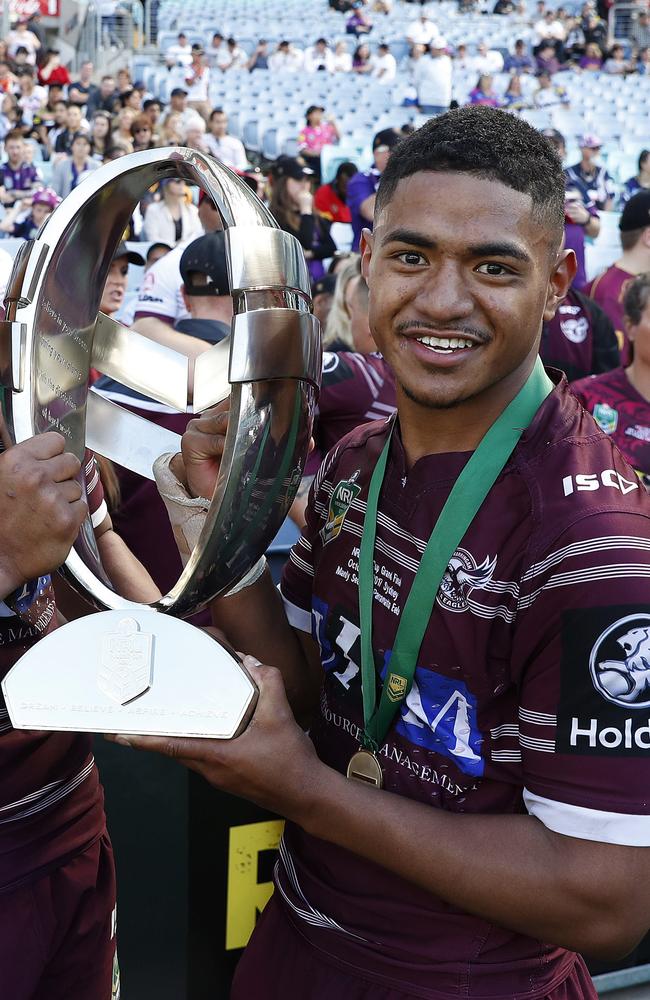 Fainu captained Manly to an U20’s title in 2017. Picture: Brett Costello