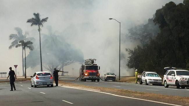 Fire truck on Seaworld Drive as bush fire rages on The Spit.