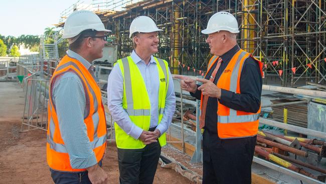 Luke Gosling, Paul Kirby and Scott Bowman at the new CDU campus construction site. Picture: CDU