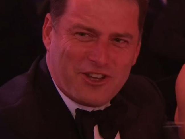 Karl Stefanovic reacts during Dave Hughes’ opening Logies speech. Picture: Channel 9