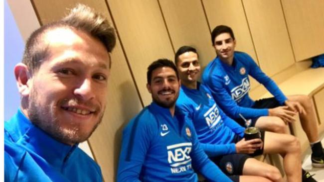 Melbourne City's Fernando Brandan, Bruno Fornaroli and Iacopo La Rocca with Marcelo Carrusca before a training session on August 25, at City’s Football Academy.