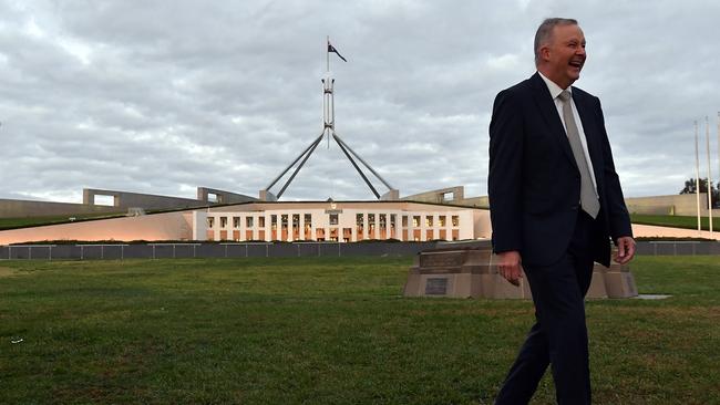 Leader of the Opposition Anthony Albanese arrives for morning television interviews on the front lawn at Parliament House after Tuesday night’s budget. Picture: Sam Mooy/Getty Images