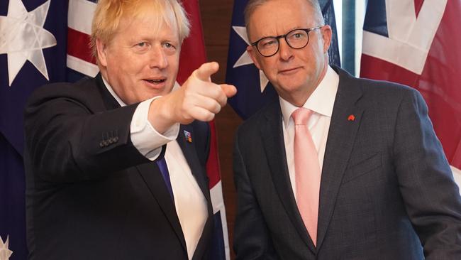 British Prime Minister Boris Johnson meets Australian Prime Minister Anthony Albanese during the NATO Summit on June 29, 2022 in Madrid, Spain. The two-day summit will align the alliance's defence posture along its eastern edge, including ramping up troop levels and positioning heavy equipment, as Western leaders contemplate the next phase of the war in Ukraine. (Photo by Stefan Rousseau – WPA Pool/Getty Images)