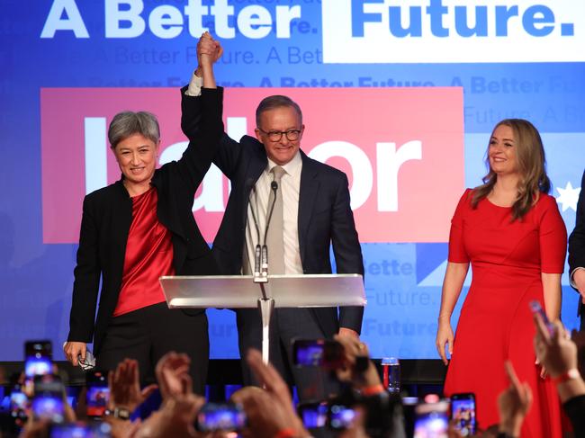 Federal Labor leader Anthony Albanese claims victory in the 2022 Australian federal election. Picture: Sam Ruttyn