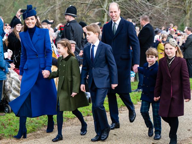 Catherine, Princess of Wales, Princess Charlotte of Wales, Prince George of Wales, Prince William, Prince of Wales, Prince Louis of Wales and Mia Tindall attend Christmas Morning Service at Sandringham Church on December 25, 2023. Picture: WireImage