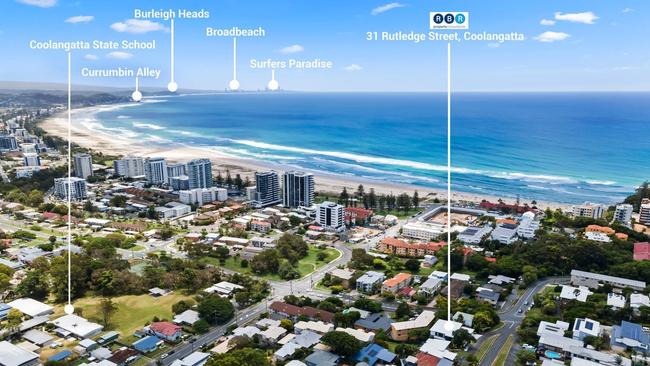 Aerial view of 31 Rutledge Street, Coolangatta.