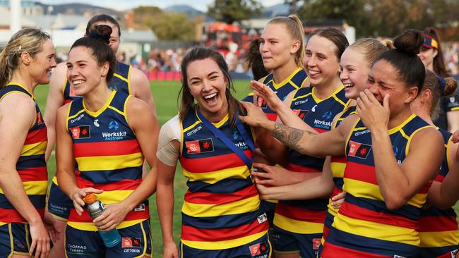 Showdown medal winner Niamh Kelly celebrates after the win over Port. Picture: James Elsby/AFL Photos