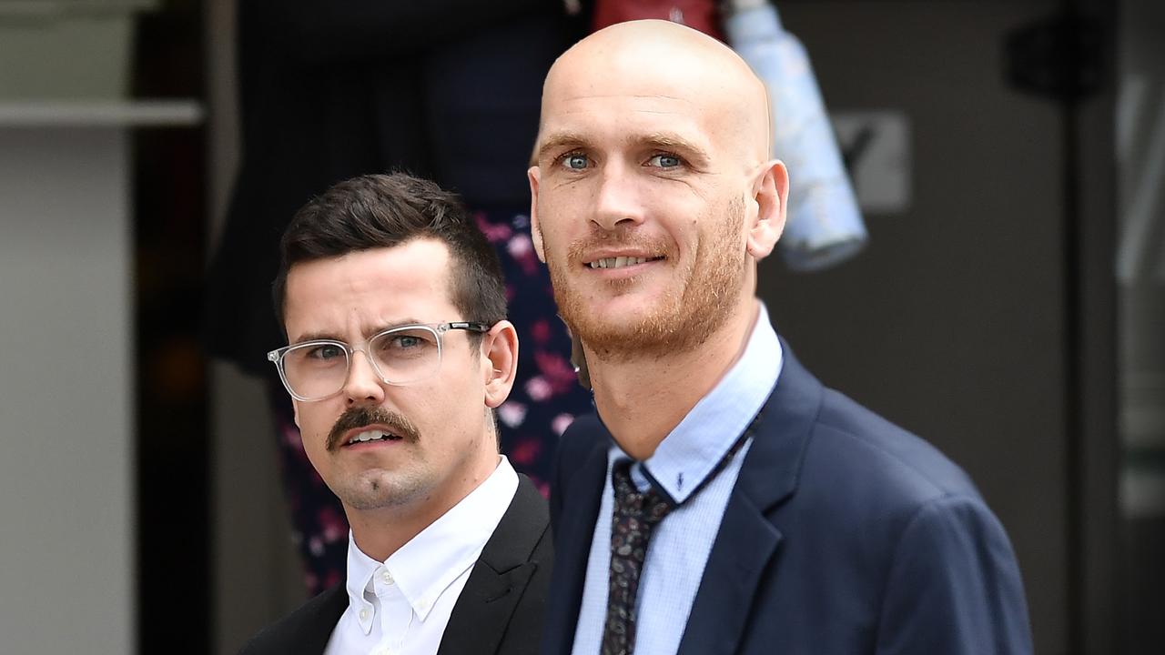 Ashley Michael Morgan (left) and Guy Frazer Coleman (right) leaving Maroochydore District Court on Monday. Picture: Patrick Woods.