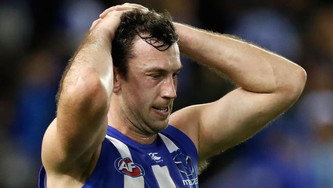 Todd Goldstein reacts after missing a goal against Fremantle with just seconds to go on Sunday.