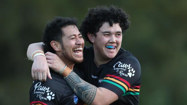 Michael Cheer and Tyler Tuigamala celebrate a Berkeley Vale try. Picture: Sue Graham