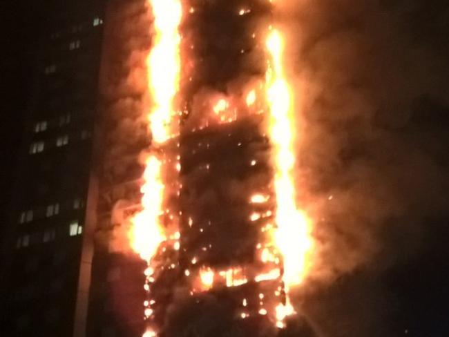 In many photographs, the fire appears to have torn a clear path through the cladding. Picture: London Fire Brigade/Twitter